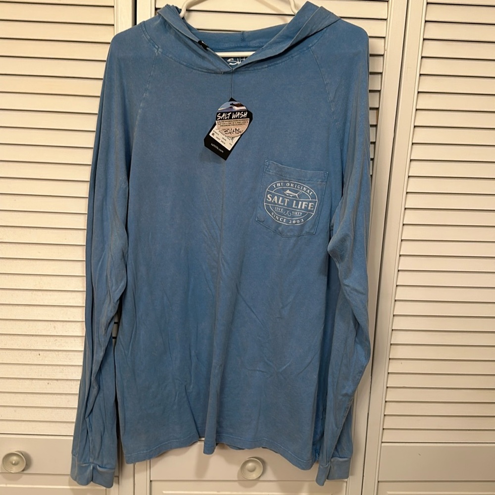 Salt Life Men's XL Hooded Long Sleeve Tshirt with Pocket Blue NEW